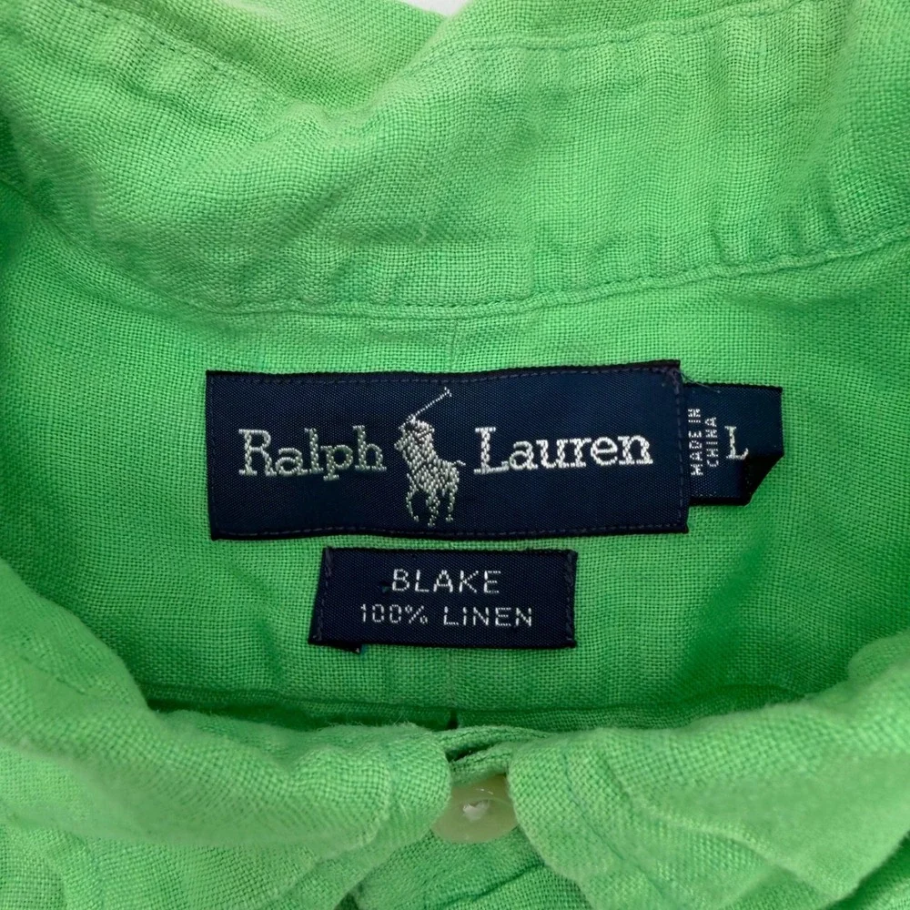 Polo Ralph Lauren Blake Shirt Large Green 100% Linen Short Sleeve Button Down